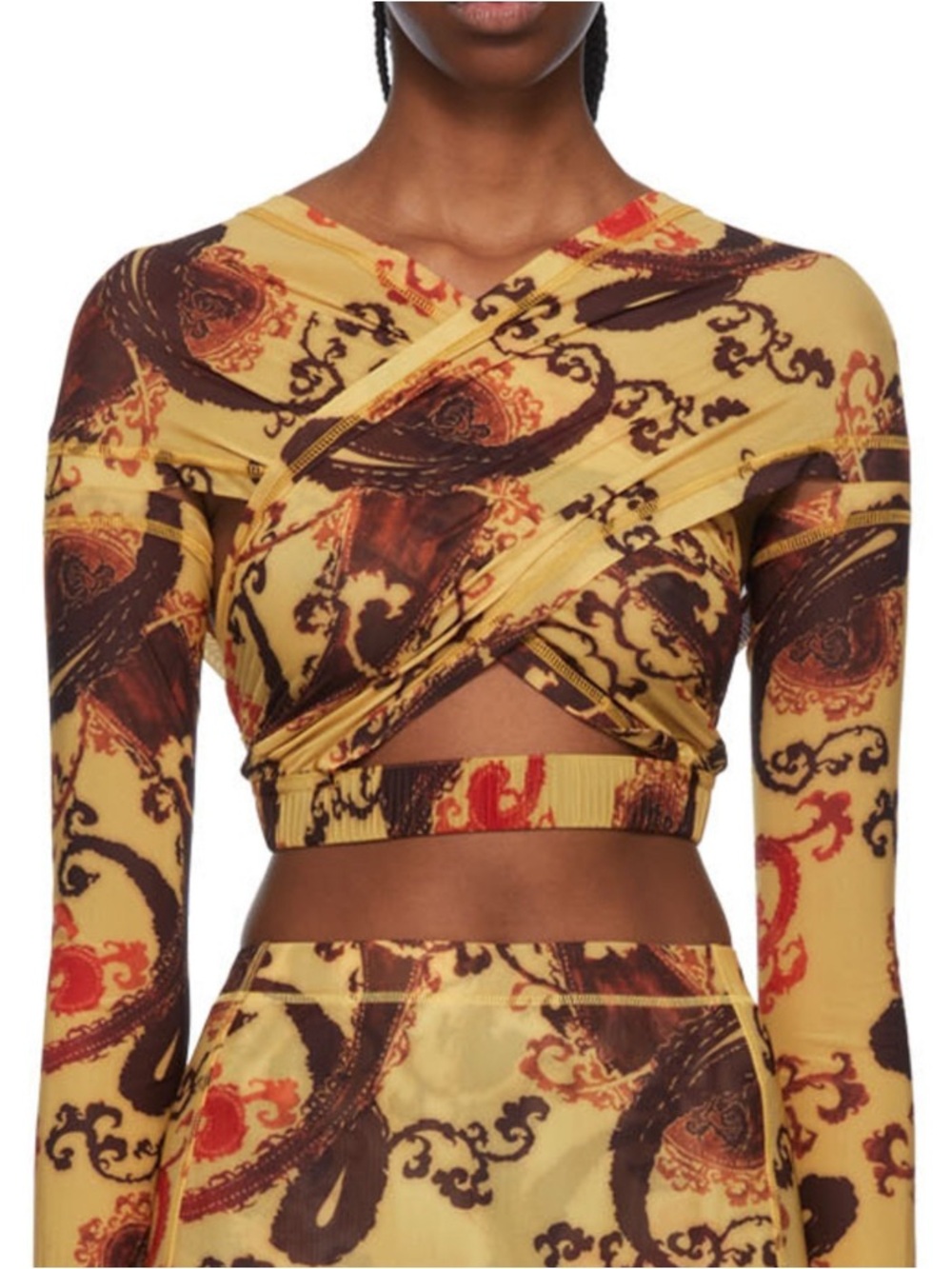 Yellow & Brown Printed Wrap-Front Crop Top